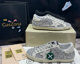 Women's Super-Star in silver glitter with ice-gray suede star